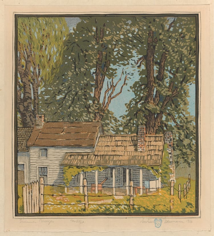 A print of a farmhouse under tall trees; the colors are very vivid, with many tender shades of green and bright light reminiscent of early summertime