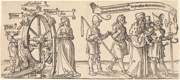Time and a fox turning the wheel of fortune, with labels for these in German, with people of all ranks standing waiting at the right