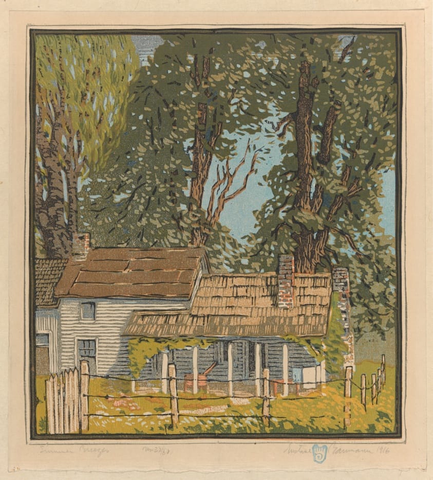 A print of a farmhouse under tall trees; the colors are very vivid, with many tender shades of green and bright light reminiscent of early summertime